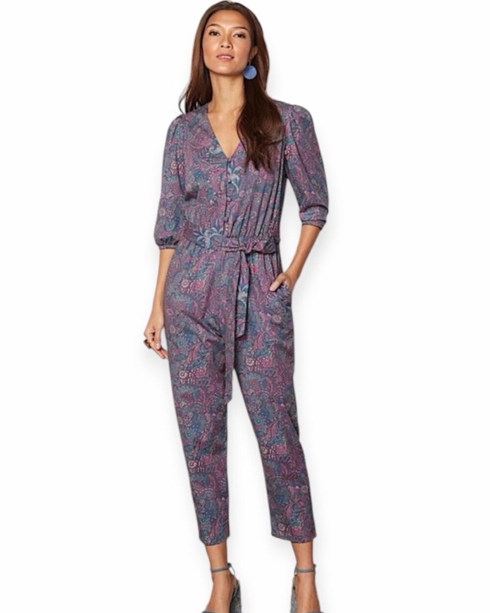EVEREVE Ember Floral Paisley Belted Jumpsuit Multicolor Medium
